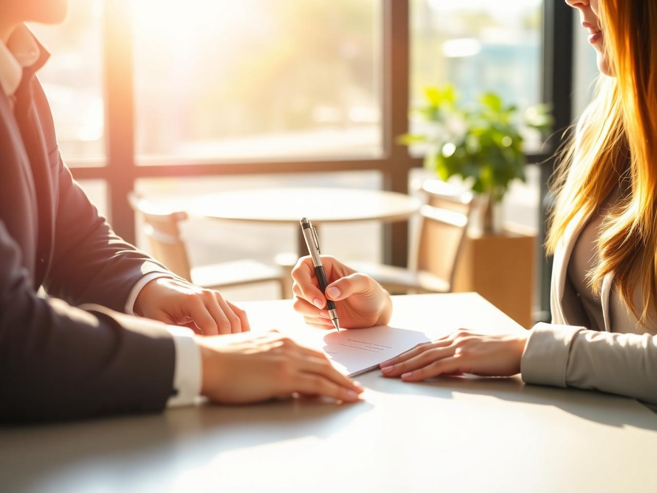 A mobile notary helping a client sign documents at a bright table